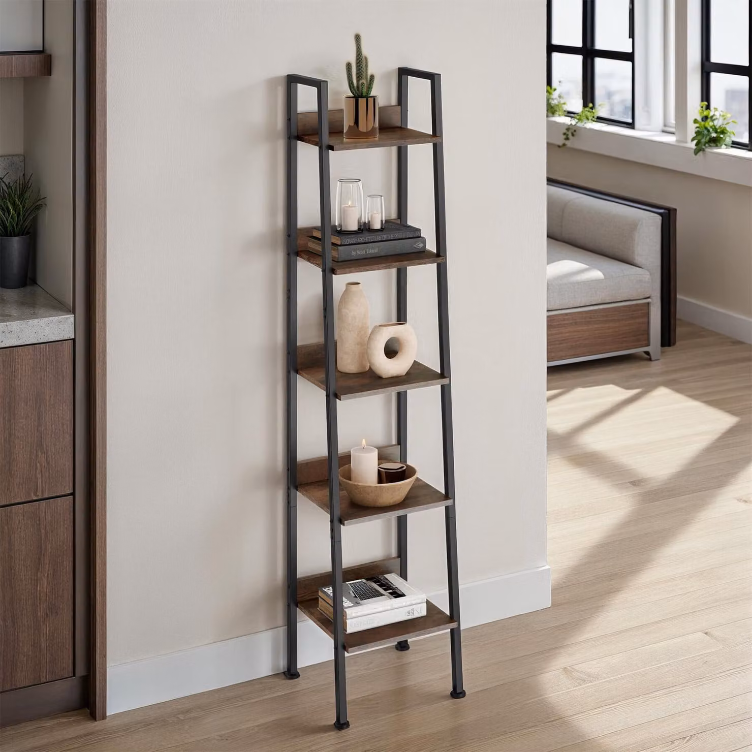 Scaffalatura Tectake in stile industriale in legno e metallo marrone, L: 35,5 cm, P: 31,5 cm, H: 170,5 cm – 1