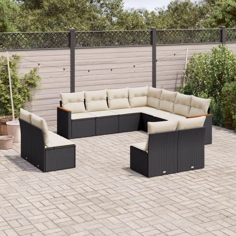 Set di Divani da Giardino vidaXL 11 pz a Forma a L con Cuscini in Polyrattan e Struttura in Acciaio Nero e Bianco