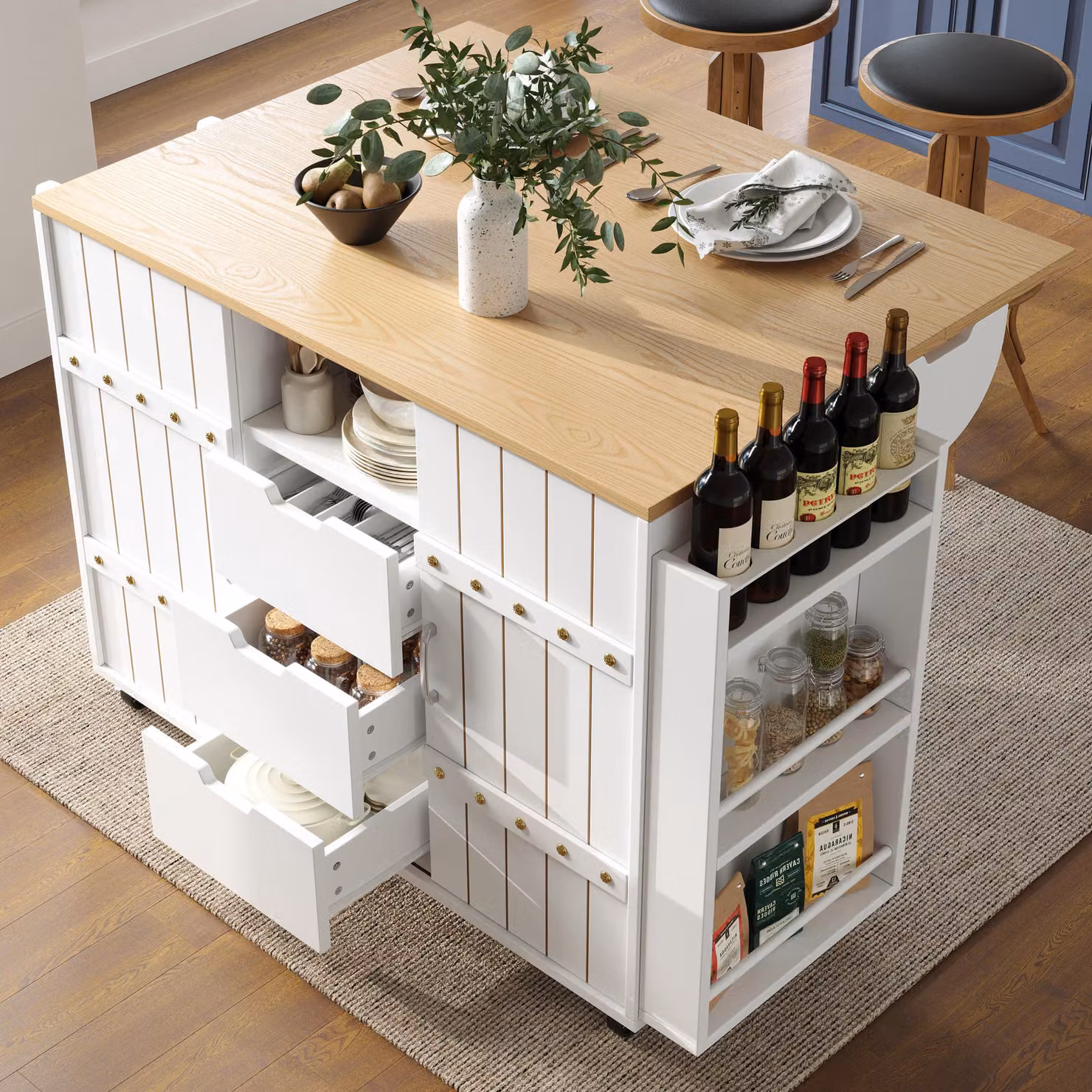 Carrello da cucina con ruote e piano di lavoro, mobiletto da cucina, isola da cucina con cassetti, ripiano per spezie e portasciugamani, colore bianco