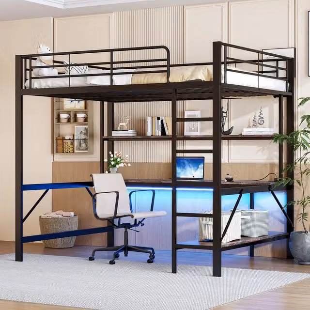 Letto a Soppalco con Scrivania e LED ¨C MINIMAL ¨C Metallo Nero 140x200