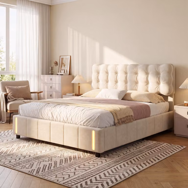 Letto imbottito INONEFT, dimensioni 160x200 cm, con illuminazione LED, letto con box e contenitore, struttura letto matrimoniale con rete a doghe/contenitore, letto per ragazzi, tessuto in velluto, colore beige