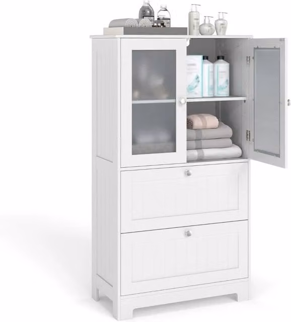 Mobile autoportante moderno DESIGN IN con ante in vetro e cassetti, ideale per cucina, soggiorno o sala da pranzo, Bianco opaco