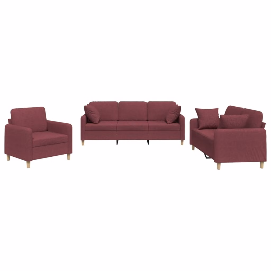 set divano 3 pezzi con cuscini in tessuto rosso vino