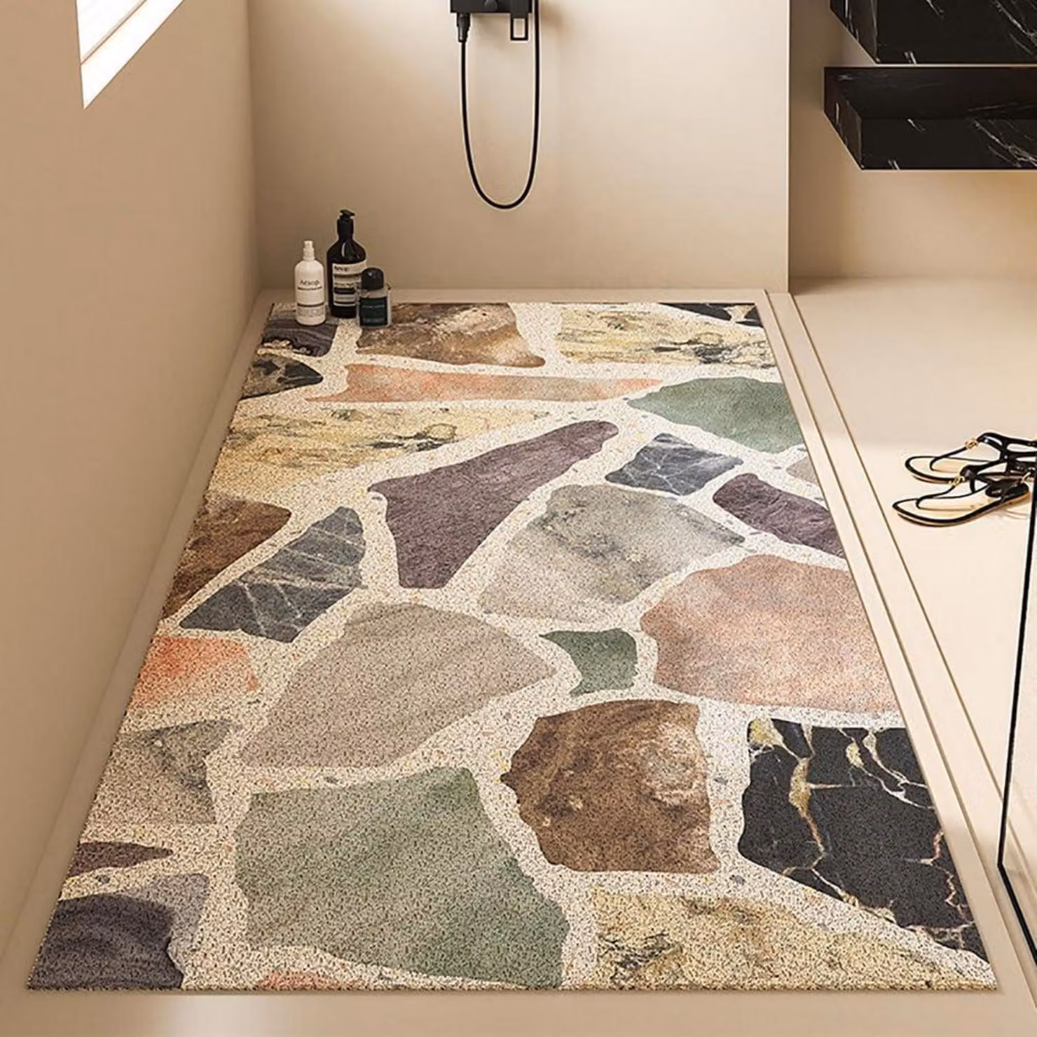 Tappetino da doccia/vasca da bagno, 90x140 cm, antiscivolo, motivo pietra, in PVC, con elevata permeabilità all'acqua
