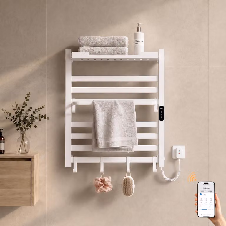 S'AFIELINA Scaldasalviette elettrico bagno con ripiano 700 × 600 mm 233 W Blanco,Termoarredo elettrico bagno WiFi con app