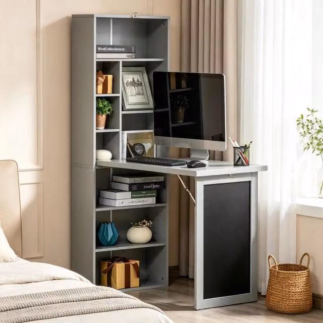 Scrivania pieghevole a parete OKWISH con libreria e lavagna per home office, in MDF e legno, nero e grigio, L: 98 cm, P: 51 cm, H: 153 cm