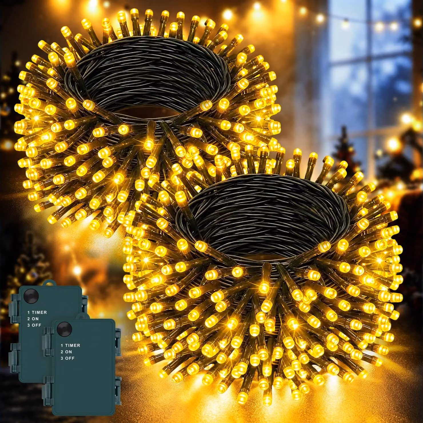 Catena luminosa, 2 pezzi, luce bianco caldo, 5 metri, 50 LED, timer, grado di protezione IP65