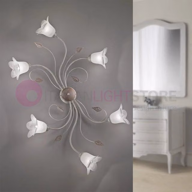 Plafoniere a soffitto in metallo e vetro con 6 luci stile organico, disponibili in bianco, oro/ottone o argento