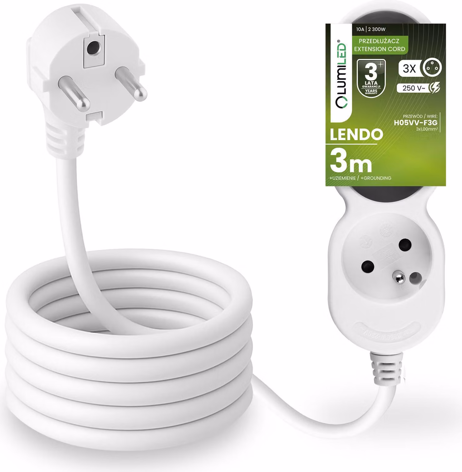 Presa multipla LUMILED Presa tripla tipo E, cavo da 3 m H05VV-F3G, bianco, presa multipla E 10A 2300W 250V IP20 Staffa per sospensione