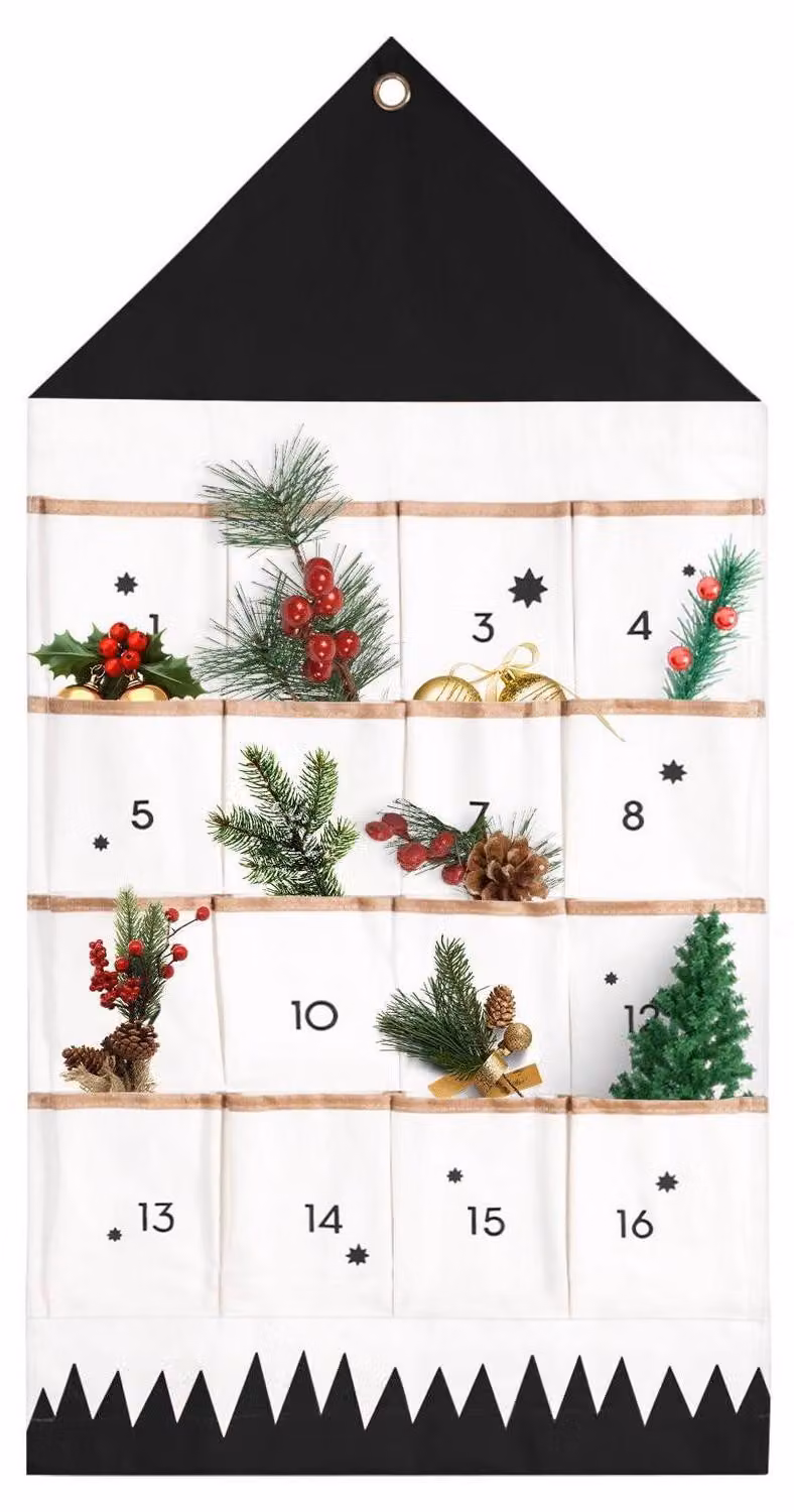 Calendario dell'Avvento da riempire, in tessuto, con 16 tasche, da appendere, colore nero, dimensioni 95x48 cm