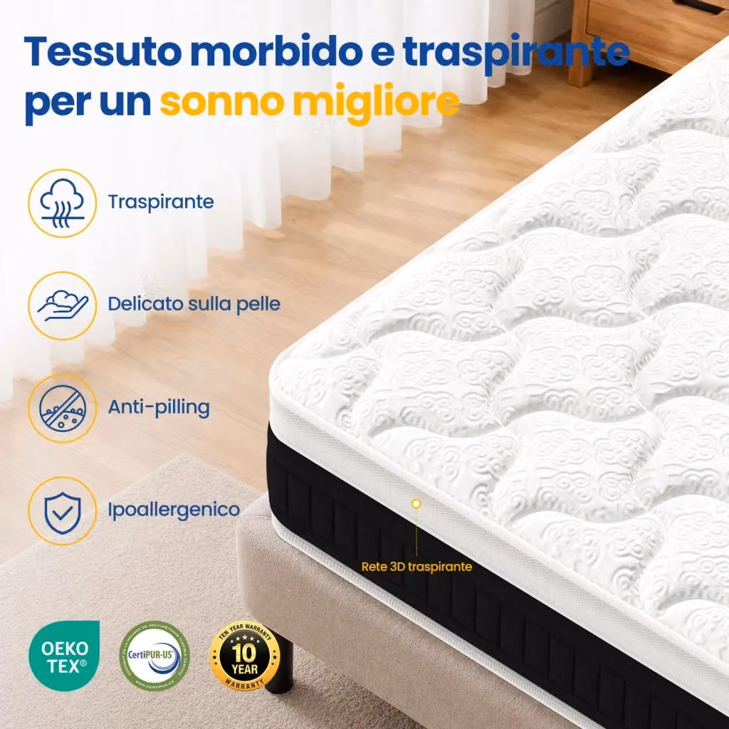 Materasso ibrido HOMEFITNESSCODE a 7 zone con molle insacchettate e memory foam, rigidità media H3, colore bianco, L/P/H: 200 x 140 x 25 cm – 2