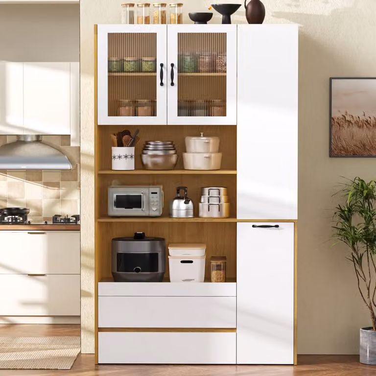 Mobile contenitore moderno per cucina, con ripiani estraibili, vetri smerigliati, ideale come credenza o mobiletto per stoviglie, per cucina o sala da pranzo, colore bianco/naturale, 100 cm