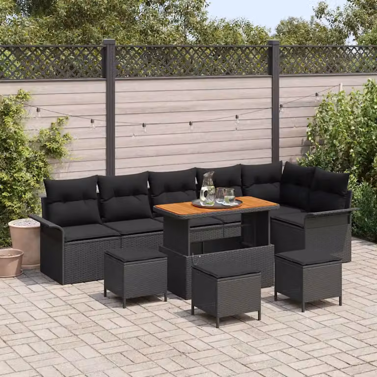 Set Divano da Giardino vidaXL 10 Pezzi L-Shape Nero con Cuscini e Tavolino