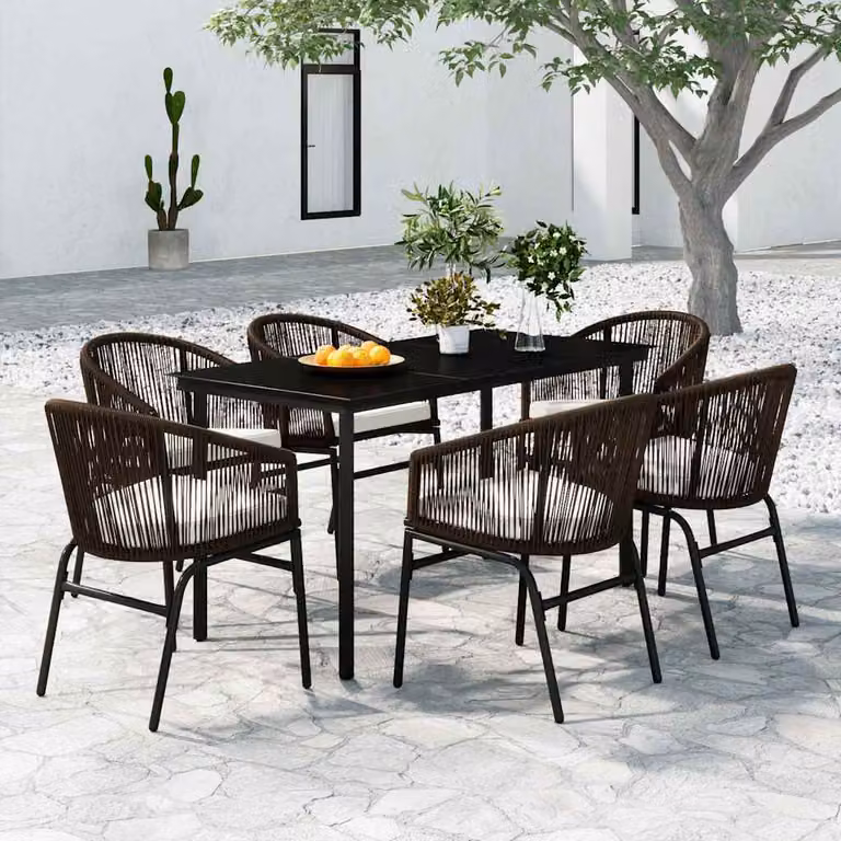 Set da pranzo da giardino vidaXL in stile moderno composto da 7 pezzi con tavolo rettangolare in vetro e sedie in metallo e rattan, colore marrone