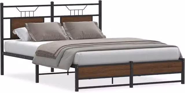 Letto matrimoniale per adulti in rovere marrone con struttura in metallo e doghe fisse L/P/H: 150 x 200 x 91.5 cm