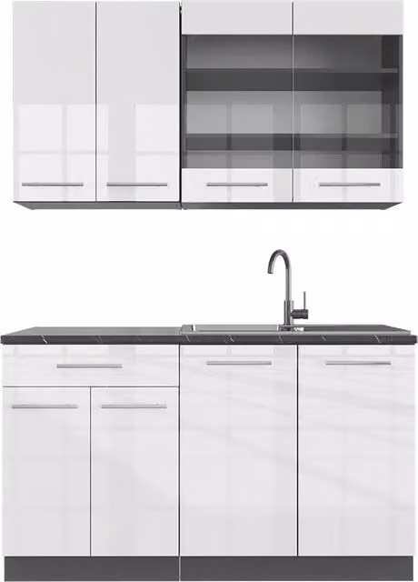 Cucina completa Fame-Line Bianco lucido/Antracite 140 cm, PL Antracite Vicco