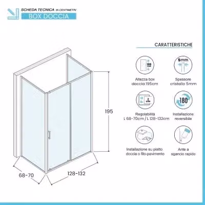 Box doccia Tay a 3 lati con porta scorrevole trasparente, forma rettangolare a U, L: 130 cm, P: 70 cm, H: 195 cm – 2