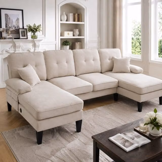 Divano a U beige 4 posti 250 cm con doppia chaise longue in tessuto di lino per soggiorno