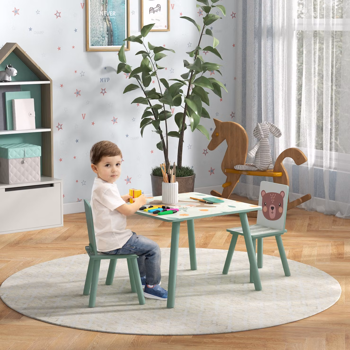 Set Tavolino e 2 Sedie per Bambini ZONEKIZ in Legno di Pino e MDF, Colore Verde – 2