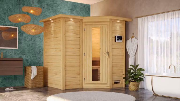 Sauna Sahib 1: con cornice luminosa sul soffitto: 9 kW, stufa finlandese + centralina Easy Finn. Sauna: isolamento, porta in legno, cornice luminosa sul soffitto. Stufa: 9 kW, stufa finlandese + centralina Easy Finn. Porta della sauna: porta in legno isol