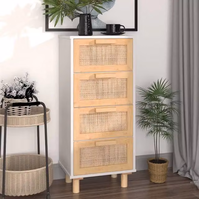 Credenza-Buffet-Armadio da cucina Bianca 40x30x90cm Legno Massello Pino Rattan Naturale