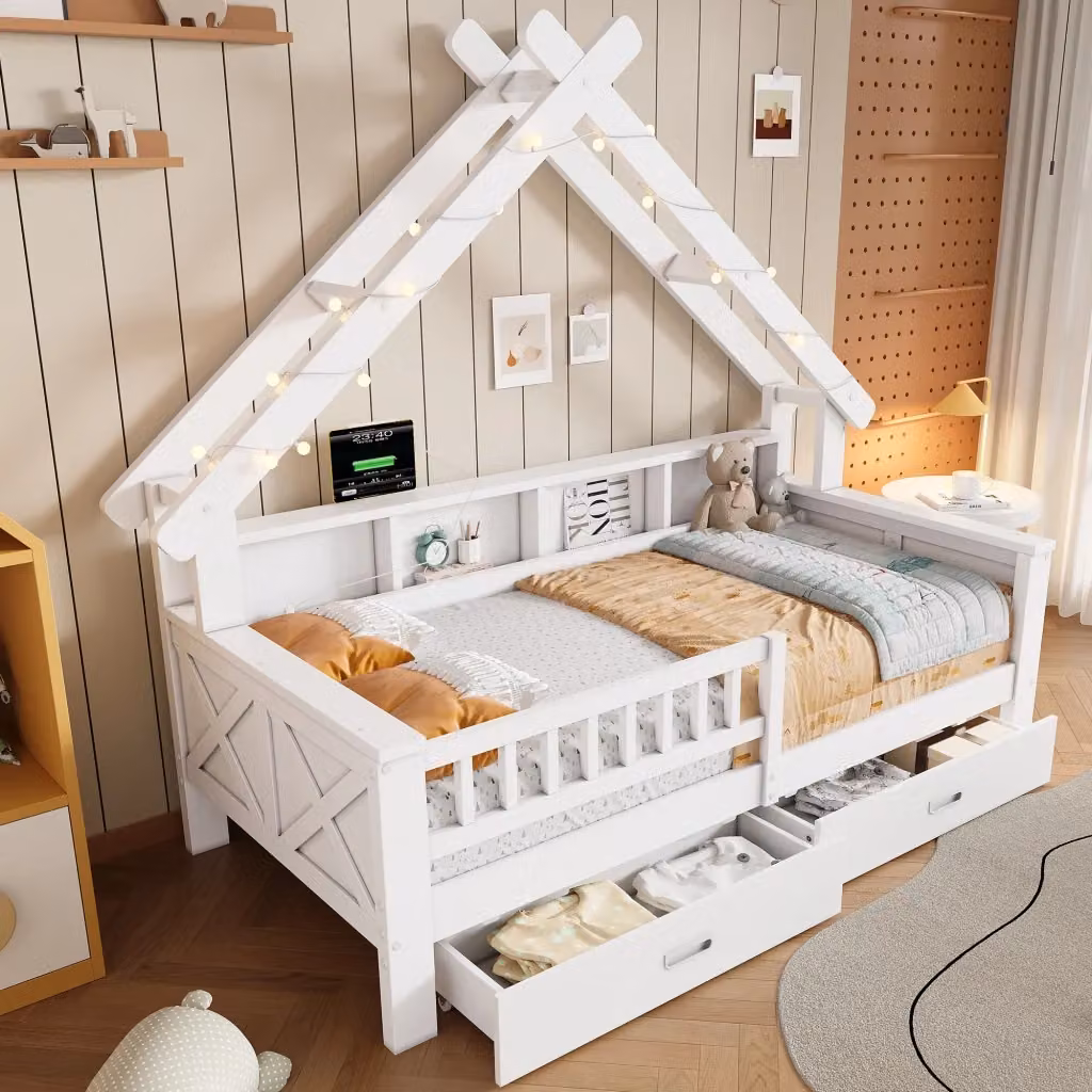 Letto Casetta per Bambini in Legno Bianco con LED, Ripiani e 2 Cassetti L/P/H: 90 x 200 x 105 cm – 2