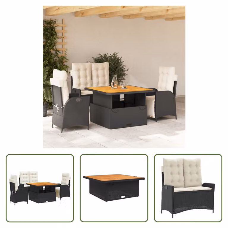 The Living Store Set da pranzo da giardino 4 pezzi con cuscini in poly rattan nero