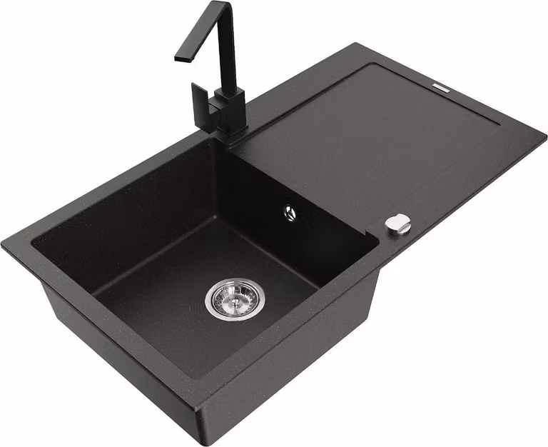 Mexen Leo lavello in granito a 1 vasca con gocciolatoio e rubinetto da cucina Rita, nero/oro metallizzato - 6501-75-670300-70