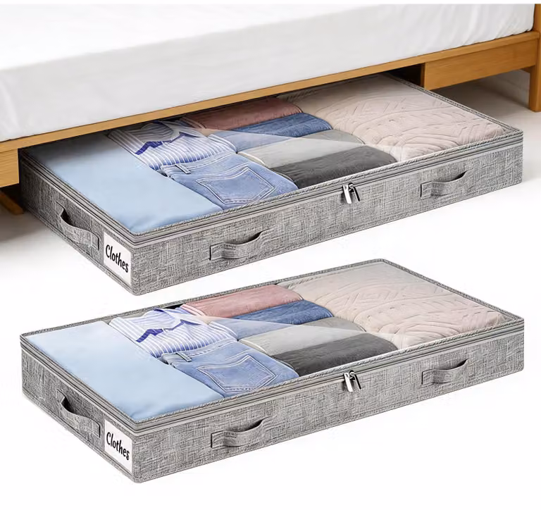 Contenitore portaoggetti pieghevole da mettere sotto il letto, per abbigliamento, confezione da 2 pezzi, dimensioni 100 x 50 x 10 cm, colore grigio, ideale per la camera da letto