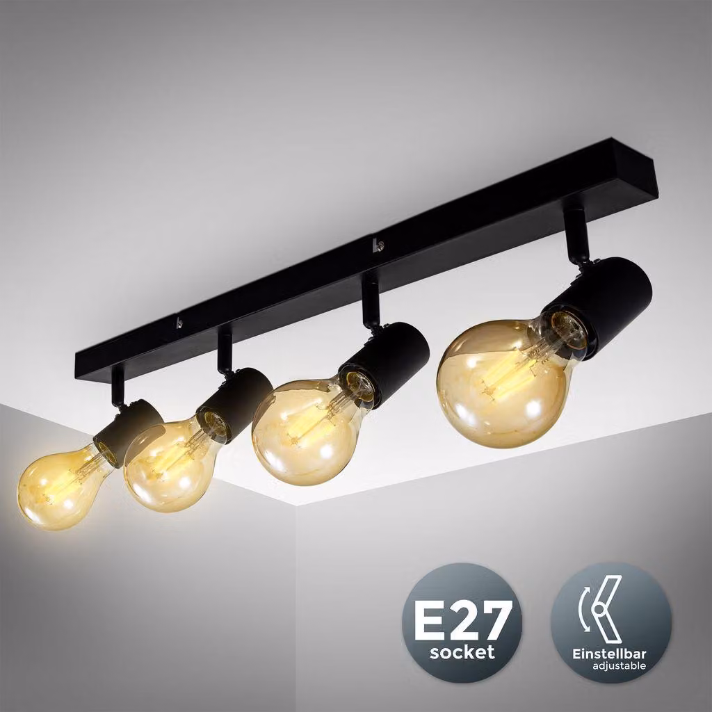 Lampada da soffitto con 4 faretti orientabili, adatta per 4 lampadine E27 non incluse max 60W, metallo nero, plafoniera per salotto o cucina, lampadario stile industriale contemporaneo per camera IP20