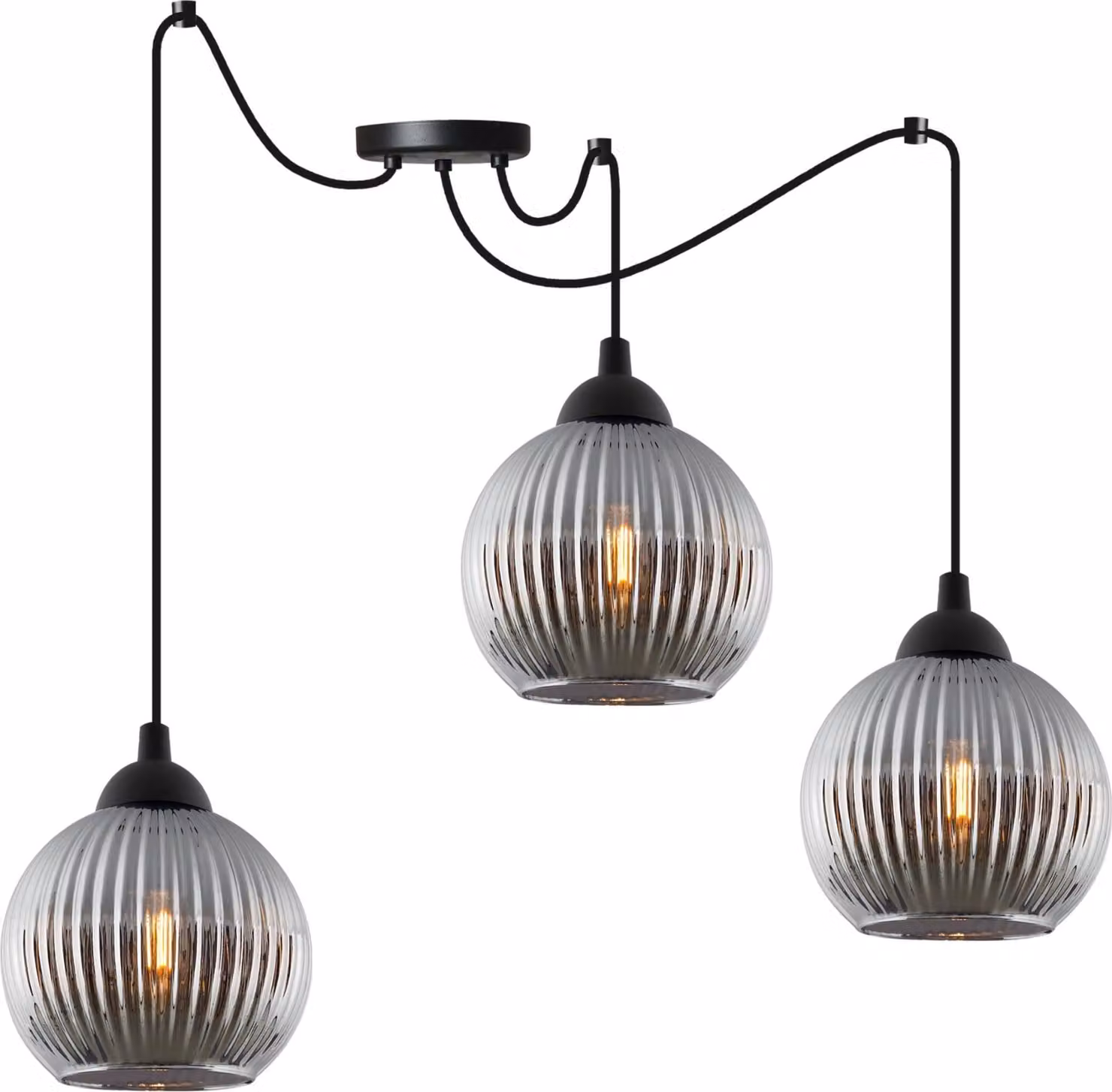 Lampada a sospensione RIFFLE a ragno, nera, a 3 luci, con sfere in vetro grigio, attacco E27