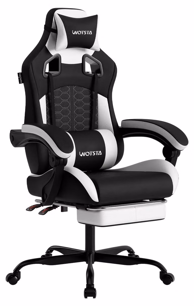 Sedia da gaming ergonomica – Sedia da ufficio – Design bianco e nero – Imbottitura in memory foam – Con poggiapiedi