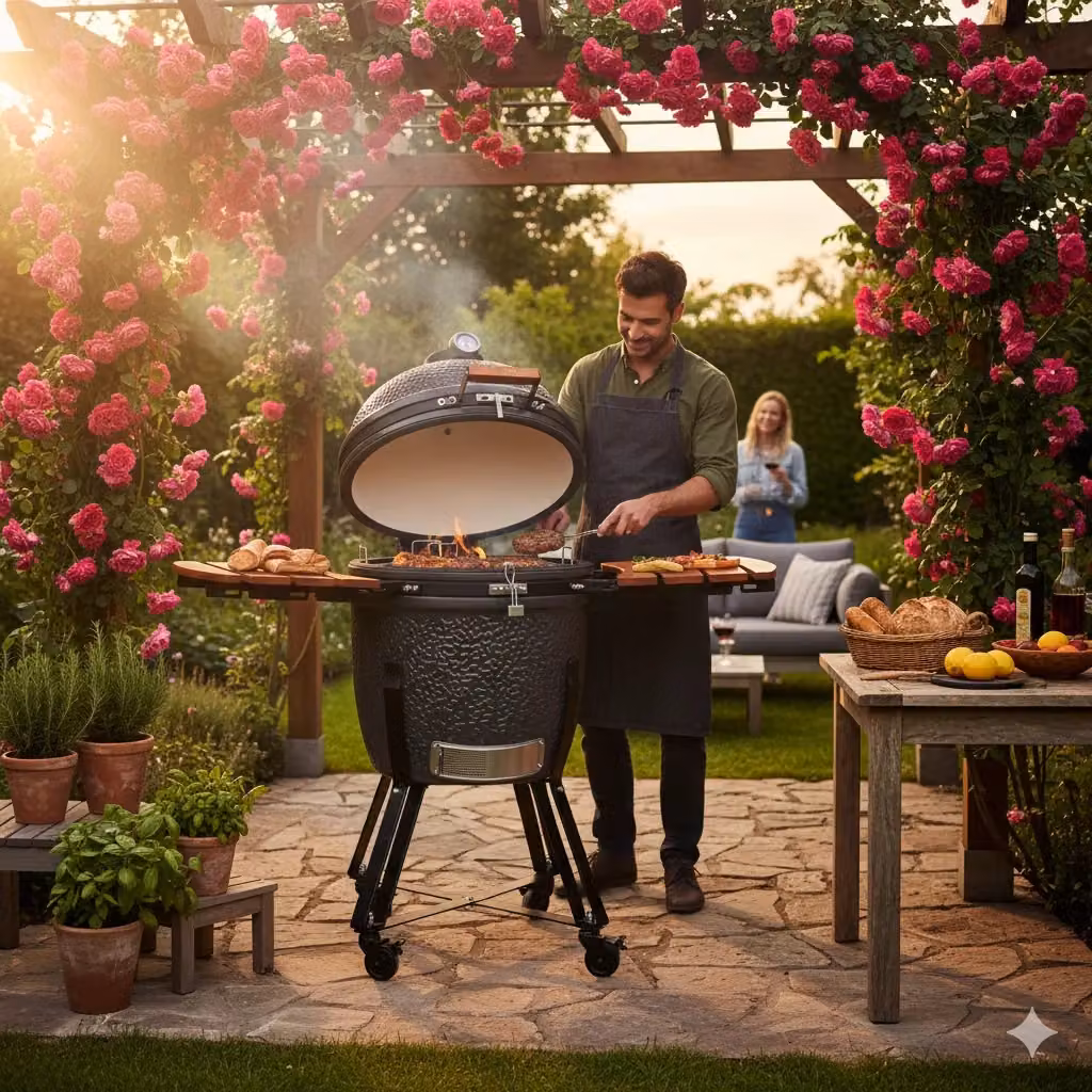 Barbecue a carbone Kamado Lisa Luxury 21 pollici in ceramica di mullite con supporto e copertura, colore nero antracite, Ø 54,7 cm – 2