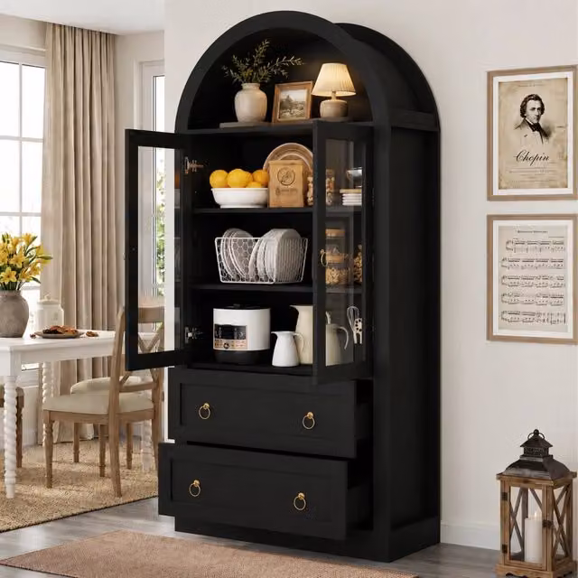 Armadio alto ad arco con ante in vetro e cassetti, 80x36x170 cm, nero, per cucina e soggiorno