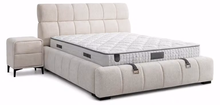 Set da camera da letto in stile moderno, color beige, letto con contenitore e rivestimento in tessuto