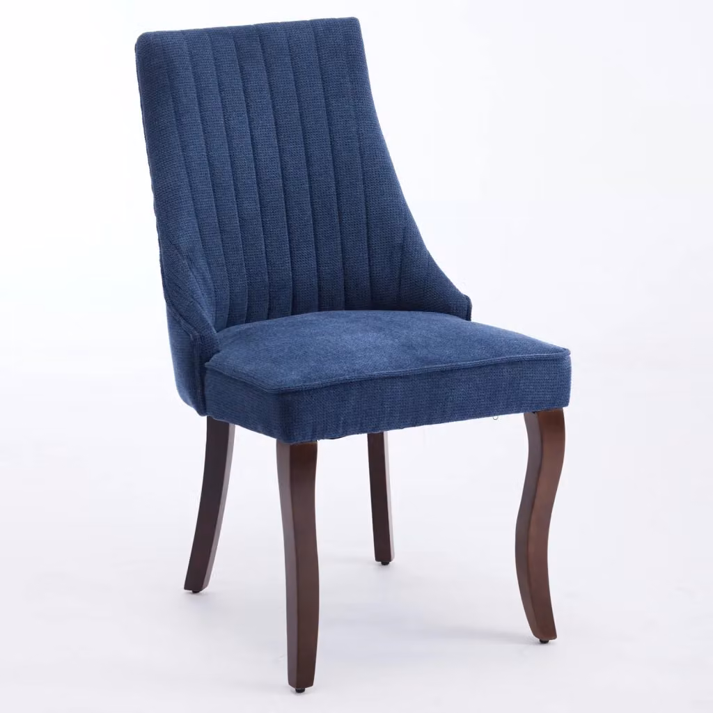 Set da 2 sedie da sala da pranzo OKWISH in ciniglia blu con schienale alto imbottito, borchie decorative e gambe in legno massello – 2