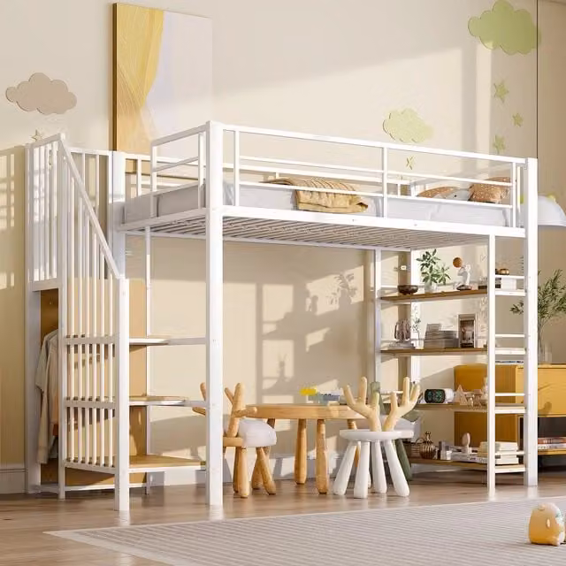 Letto a soppalco singolo 90x200 ¨C Minimal ¨C bianco in legno con armadio e gradini di sicurezza
