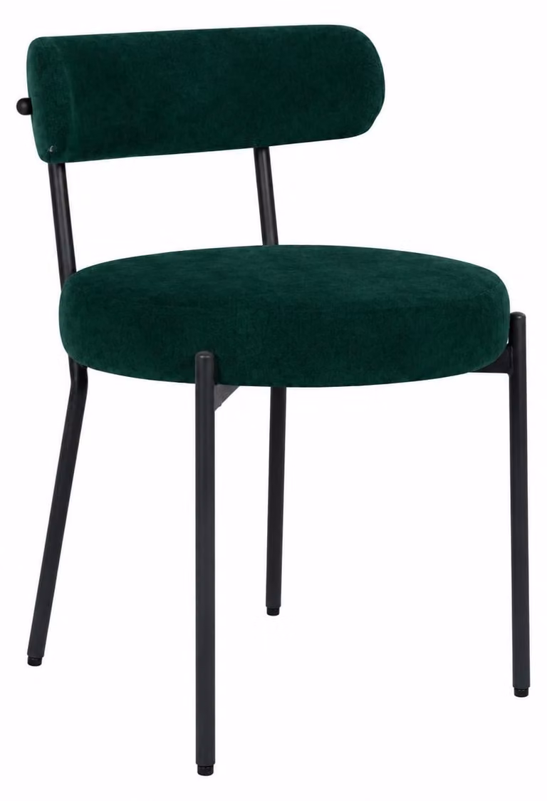 Sedia da pranzo Gunma, rivestita in velluto verde, con struttura in metallo nero.