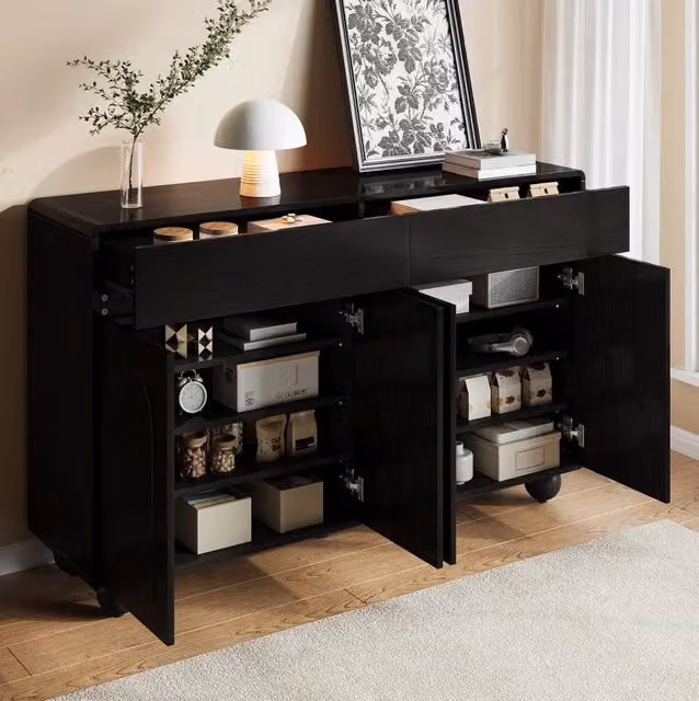 Sideboard con ante curve in PB e MDF, 140x38x89 cm, nero, con 2 cassetti e piedi rotondi in metallo