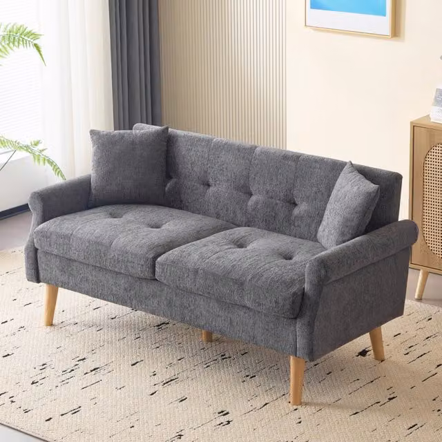 Divano due posti compatto con cuscini spessi e braccioli ergonomici in ciniglia grigia per soggiorno 162 × 74 × 77 cm