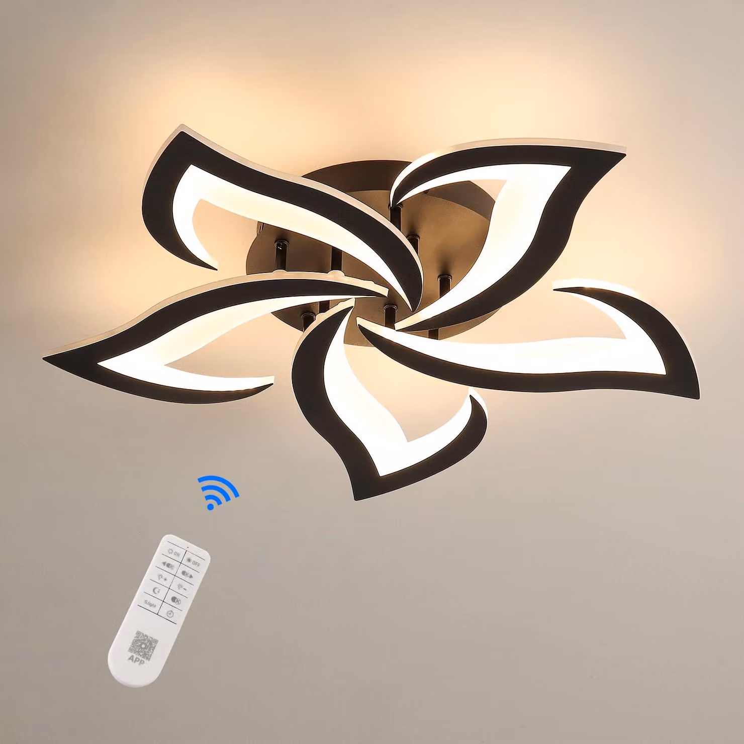 Lampada da soffitto LED, design a petalo, colore nero, dimmerabile, 40W, con regolazione della luminosità da 3000K a 6500K