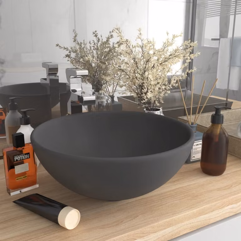 The Living Store Lavabo rotondo grigio scuro opaco 32,5x14 cm in Vetroceramica