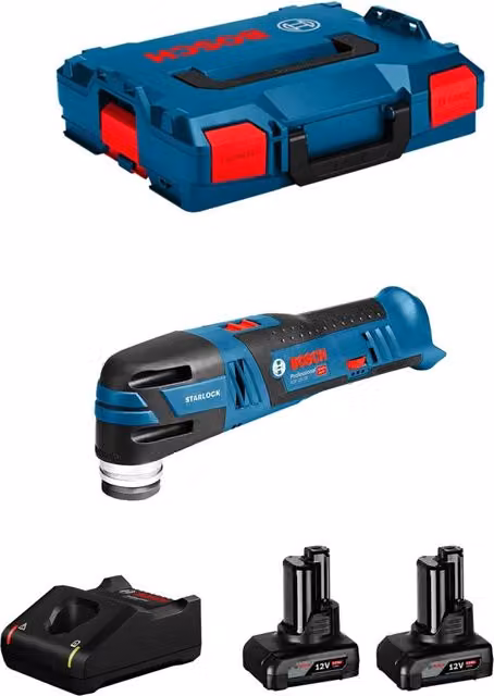 Utensile Multifunzione Bosch GOP 12V-28 Blu con 2 Batterie da 6,0 Ah, Caricabatterie GAL12V-40 e L-Boxx 102 – 1