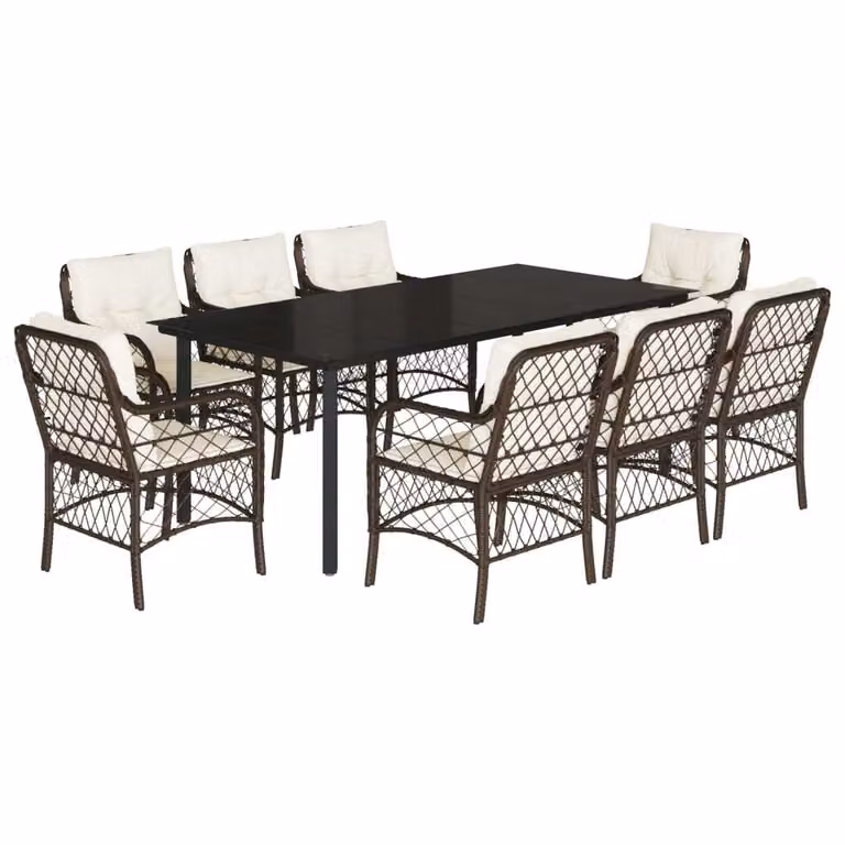 Set da Pranzo da Giardino 9pz con Cuscini Marrone in Polyrattan