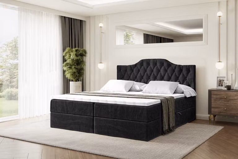 Letto boxspring ALTDECOR con materasso H3 e topper - 180 x 200 cm - VILA-1 - Velluto nero - Letto imbottito con contenitore e rete a doghe, letto con spazio contenitivo