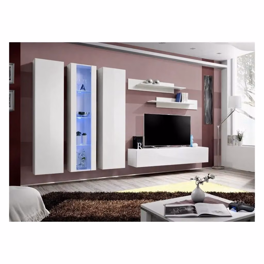 Composizione murale FLY C4 Meublorama per soggiorno, mobile TV sospeso con vetrine LED e colonne, Bianco lucido, L: 310 cm, H: 170 cm, P: 40 cm – 2
