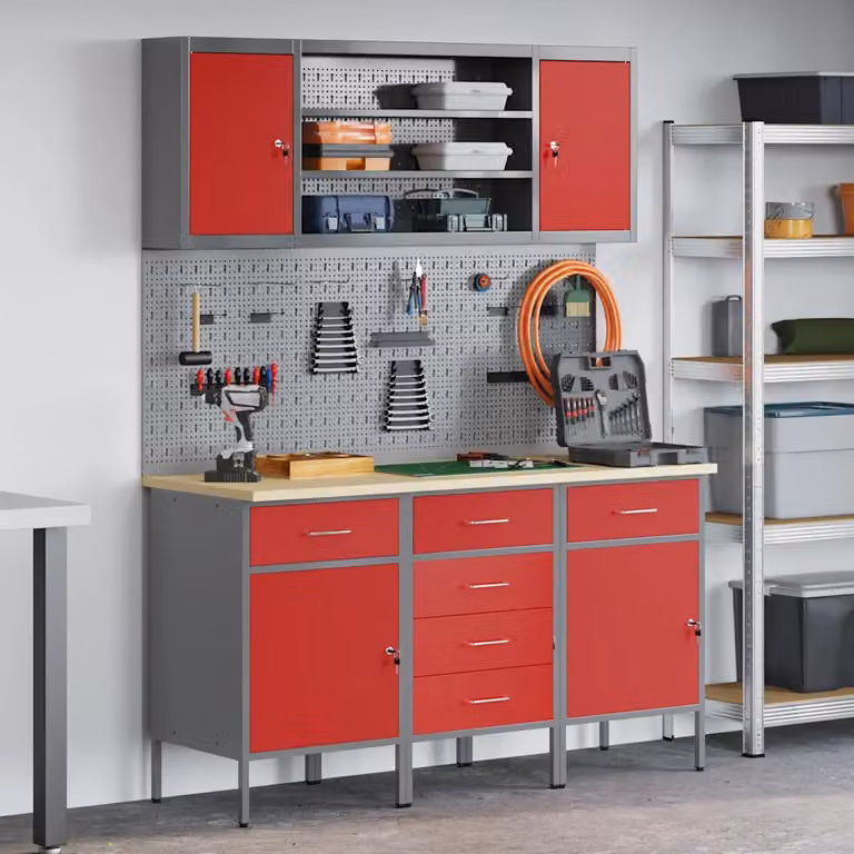 Carrello da lavoro mobile vidaXL con cassetto, 7 pezzi, Rosso e Grigio