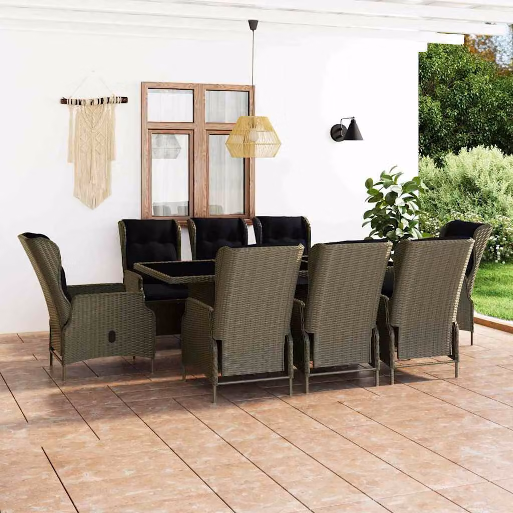 vidaXL Set da Pranzo da Giardino 9 pz in Polyrattan Marrone con Cuscini e Tavolo in Vetro – 1
