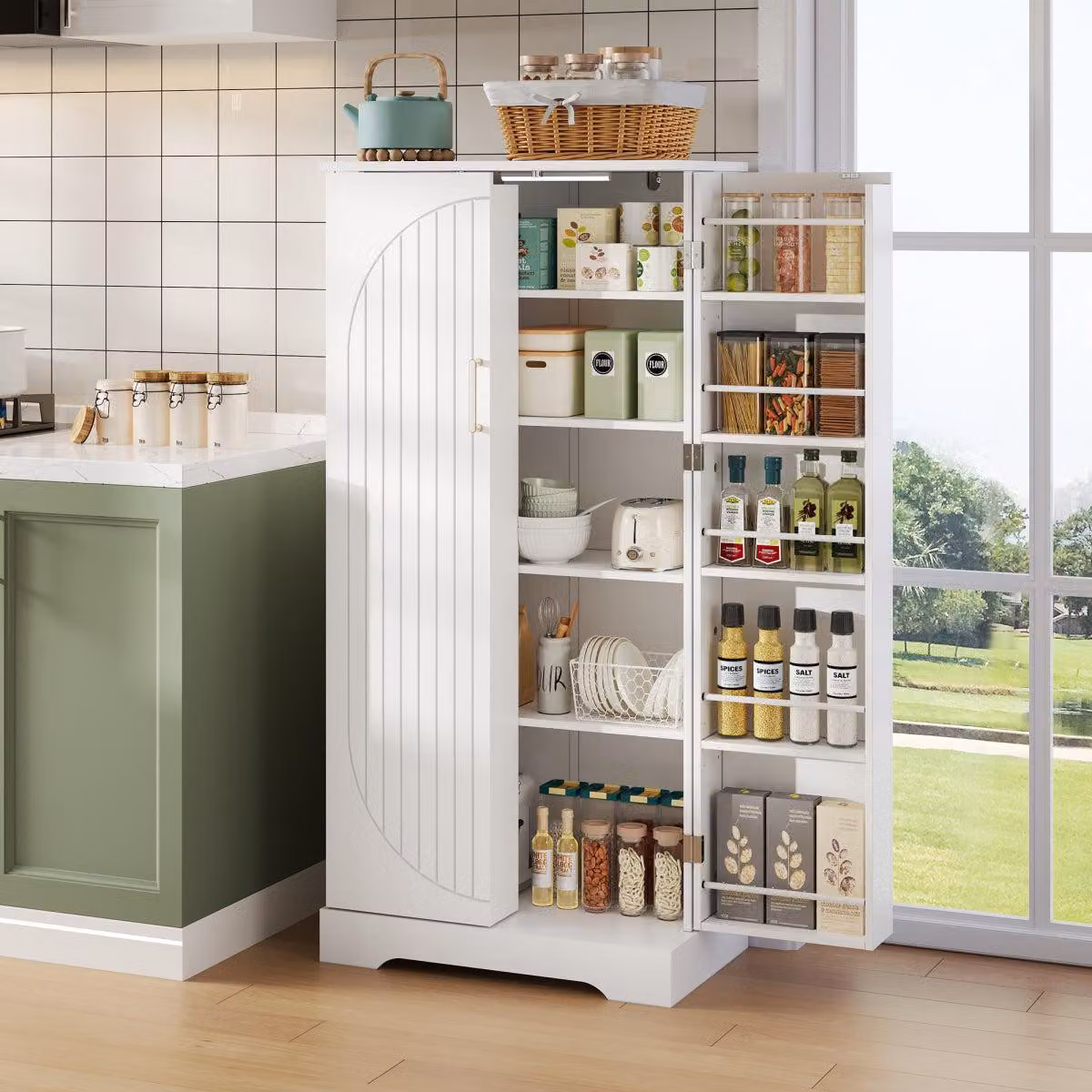 Colonna bianca (60x128x35 cm), mobile da cucina con luce LED a sensore