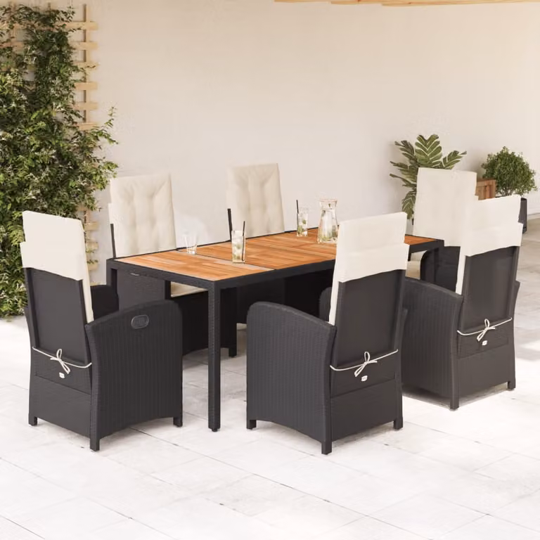 vidaXL Set da Pranzo da Giardino 7 pz in Polyrattan e Legno di Acacia con Piano in Vetro, Nero e Marrone